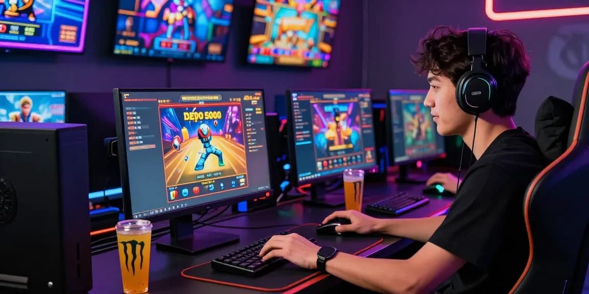 Player engaging in slot depo 5000 gaming on multiple screens, capturing excitement and vibrant atmosphere.