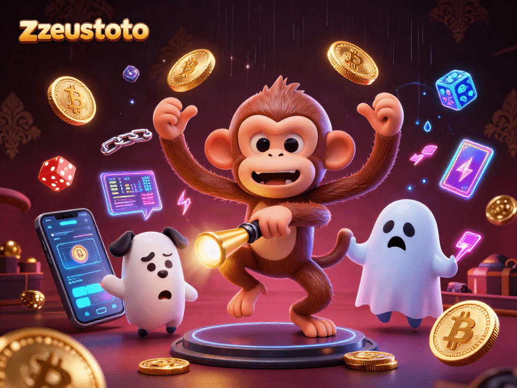 Engage with zeustoto's thrilling casino adventure featuring a playful poltergeist monkey and ghost-hunter puppy.