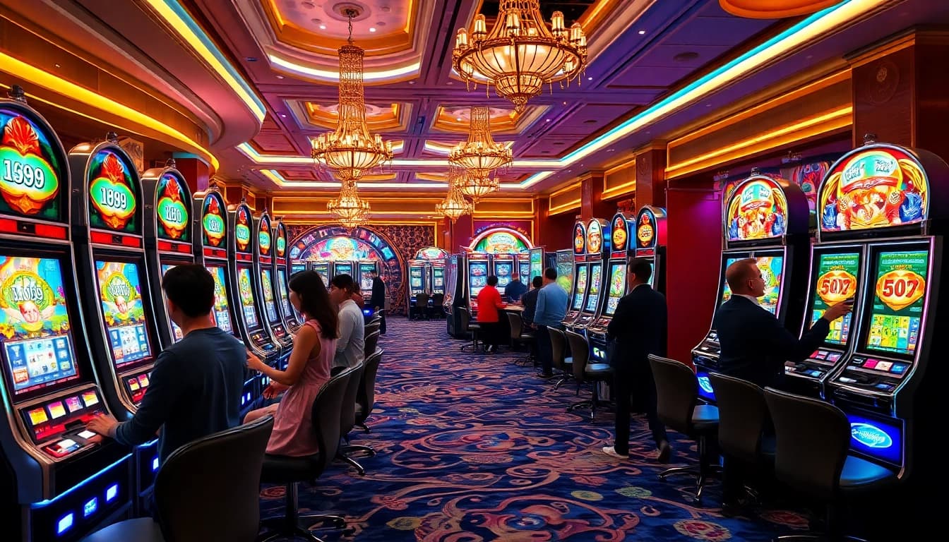 Players engaging with slot scatter hitam machines in a luxurious casino environment