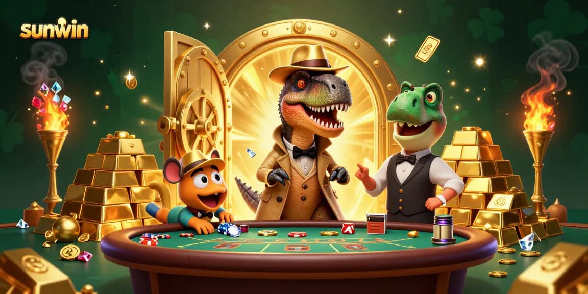 Experience sunwin in a thrilling 3D scene with engaging dinosaur characters at a casino table.