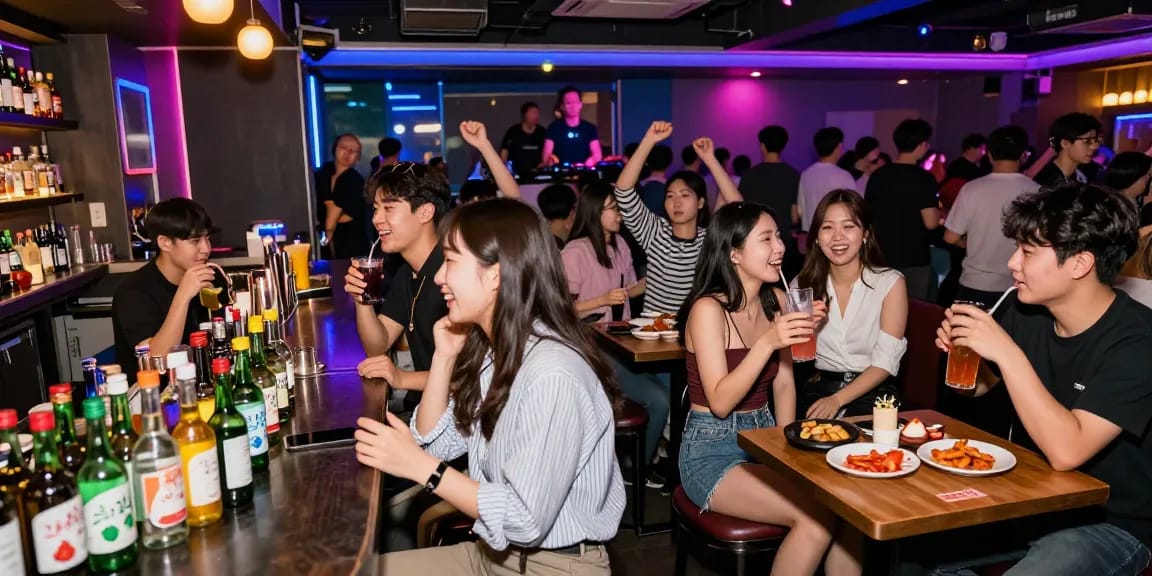 상봉동 한국관나이트 friends enjoying vibrant nightlife at Korean club with drinks and appetizers