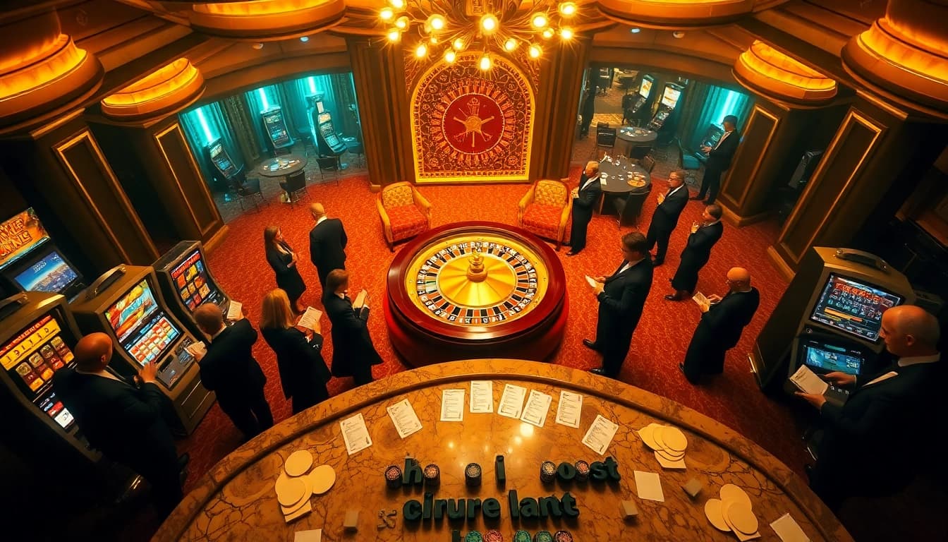 Scène engageante de jeux de luxe au casino en ligne Français 2026 avec roulette et poker.