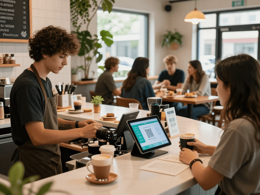 Customers engaging with a loyalty program QR code at a bustling café, showcasing the benefits of a loyalty program.