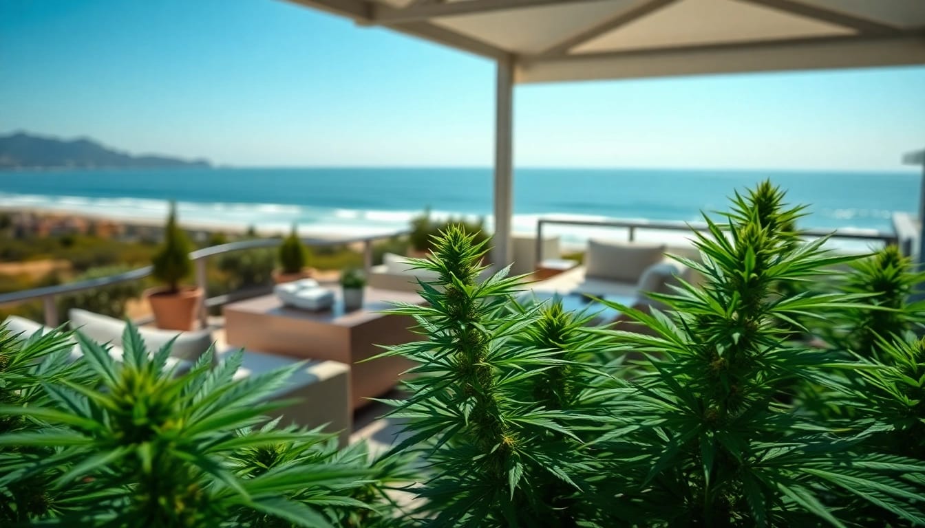 Enjoy a vibrant experience at the Costa Brava Cannabis Club with lush plants and a Mediterranean backdrop.