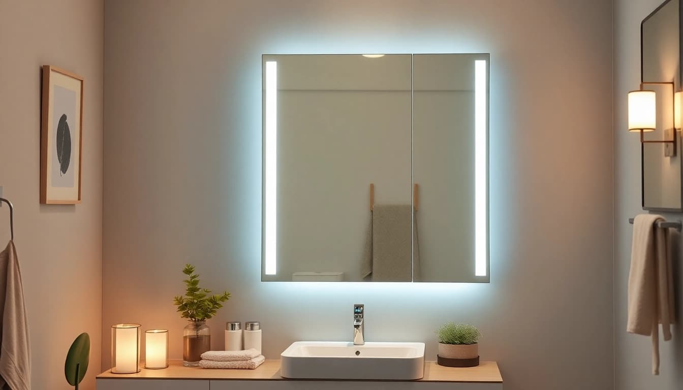 Sonni Spiegelschrank mit LED-Beleuchtung und modernem Design im Badezimmer präsentieren.
