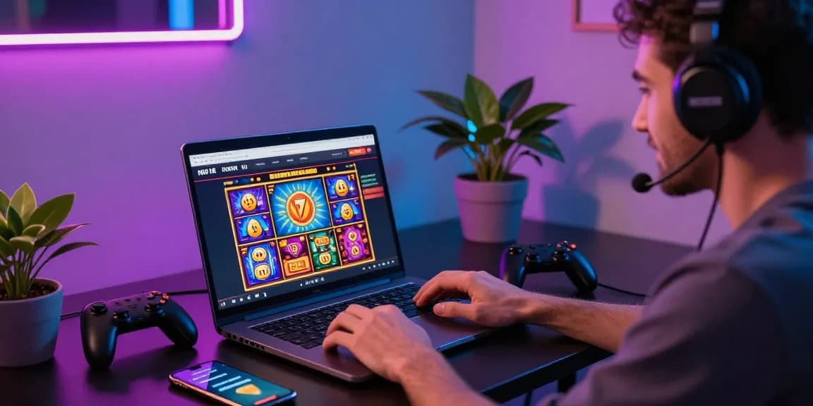 Engaging with non UK casinos on a laptop in a vibrant gaming setup, showcasing excitement and modern gaming.