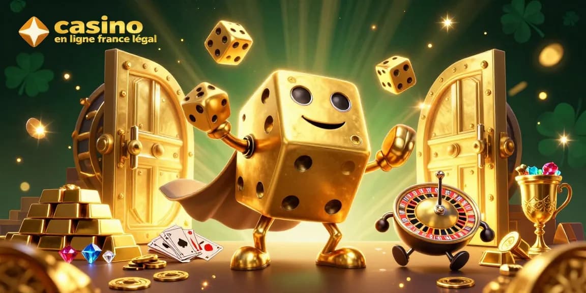Joue et gagne sur un casino en ligne France légal avec une scène dynamique de dés et de trésors