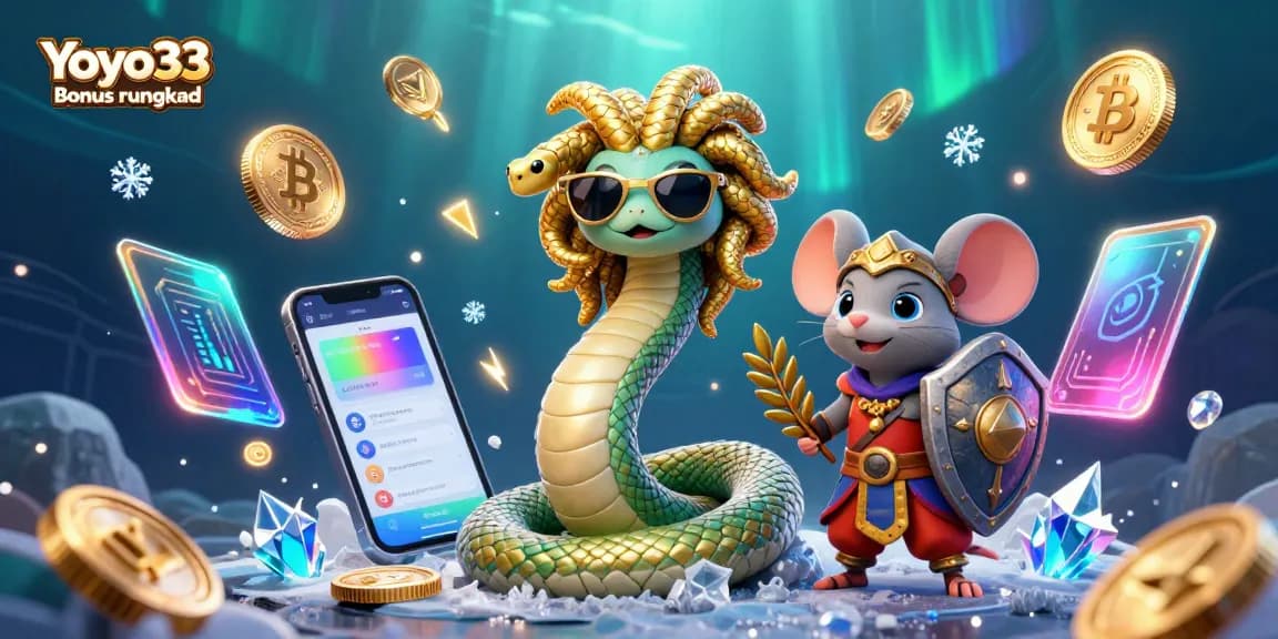 Play to win with Yoyo33 Bonus rungkad featuring Medusa and warrior mouse in vibrant casino scene.