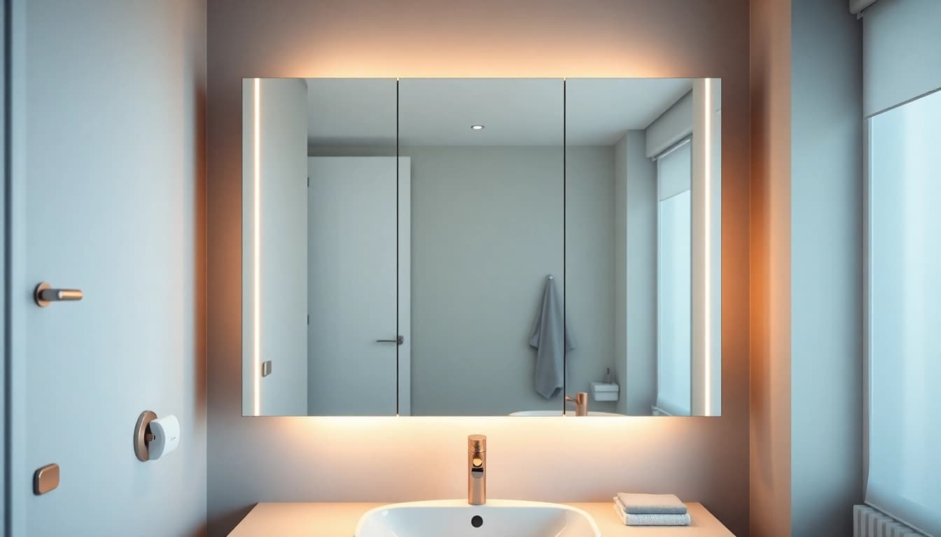 Präsentation des sonni Spiegelschrank mit modernem Design und integrierter Beleuchtung im Badezimmer.