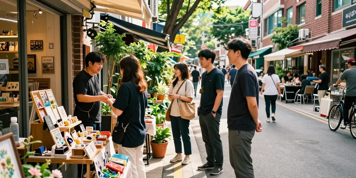 Community shop scene in Seoul highlighting engagement and local products related to https://forumup.org/shop/search.php?ca_id=&addr1=&addr2=&addr3=&schKeyword with warm sunlight and bustling atmospher
