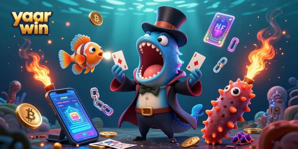 YaR Win showcases a bioluminescent eel performing card tricks amidst Bitcoin coins and colorful elements.