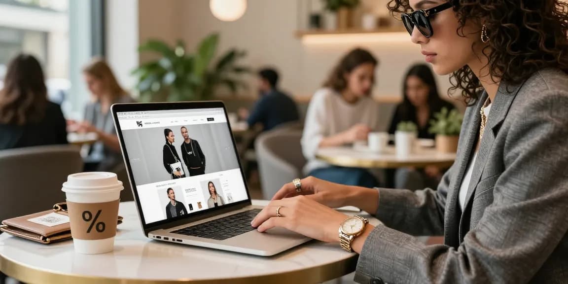 Browsing https://shs-dome5.com/ for trendy replica fashion in a vibrant café, capturing modern urban shopping experience.