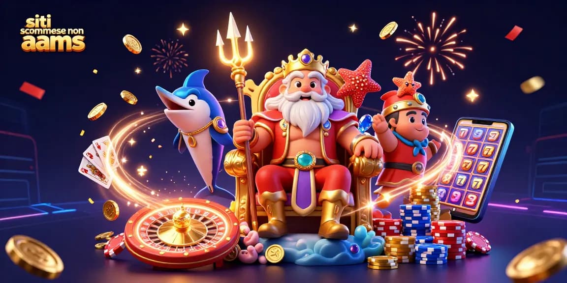 Scopri i siti scommesse non AAMS con il Re Nettuno e simboli dell'azzardo che brillano.