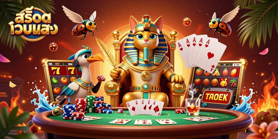 Engage with สล็อตเว็บตรง in an ultra-detailed 3D casino scene featuring magical Egyptian characters and vibrant gaming elements.
