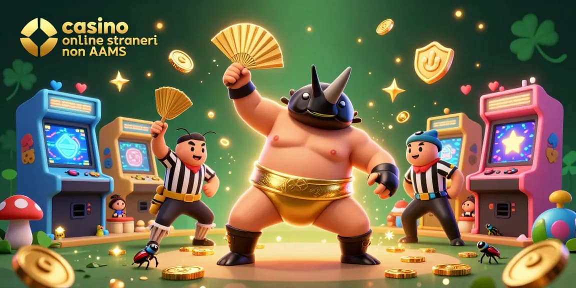 Il miglior casino online stranieri non AAMS mostra un campione in azione, circondato da giochi 3D e monete d'oro.