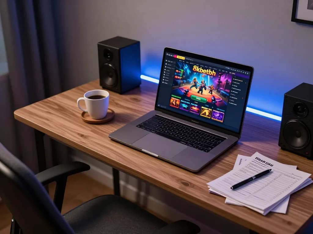 Engaging online gaming scene with a laptop displaying the 8kbetbh interface and strategic notes.