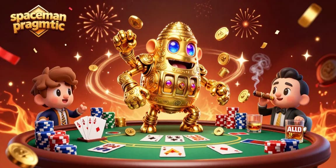 Engage with the vibrant spaceman pragmatic scene featuring a golden golem, poker elements, and festive confetti.