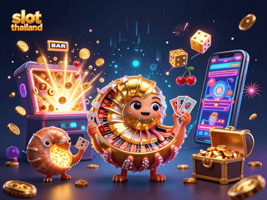 Experience thrilling slot thailand action with a vibrant casino illustration of 3D characters and elements.