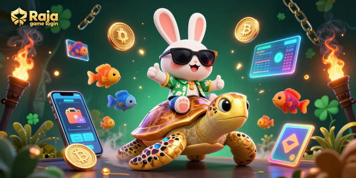 Engage with Raja game login, enjoying vibrant 3D illustration of a lucky rabbit and golden sea turtle in a casino-themed environment.
