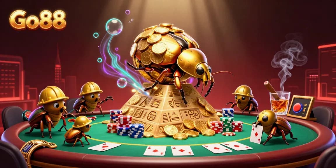 Engage with Go 88 through a vibrant casino scene where golden beetles lead on a pyramid of coins with poker elements.