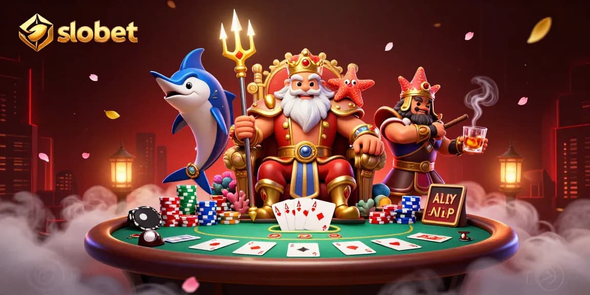 Experience sbobet in a vibrant casino scene with Neptune and poker elements.