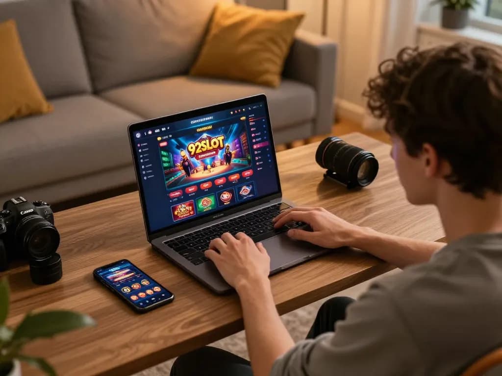 Engaging online gaming moment featuring 92slot app on a laptop at home.