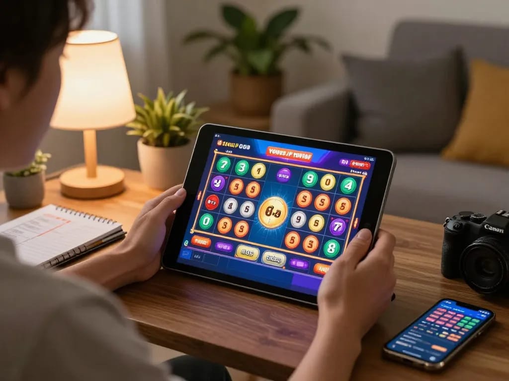 Engaging with YowesJP online Toto Macau 4D game on tablet in a cozy home scene.