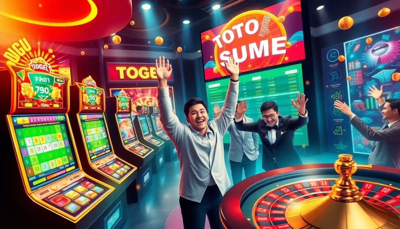 Adegan yang menarik ini menampilkan kegembiraan bermain togel sumo online, dengan mesin slot berwarna-warni dan pemain yang gembira.