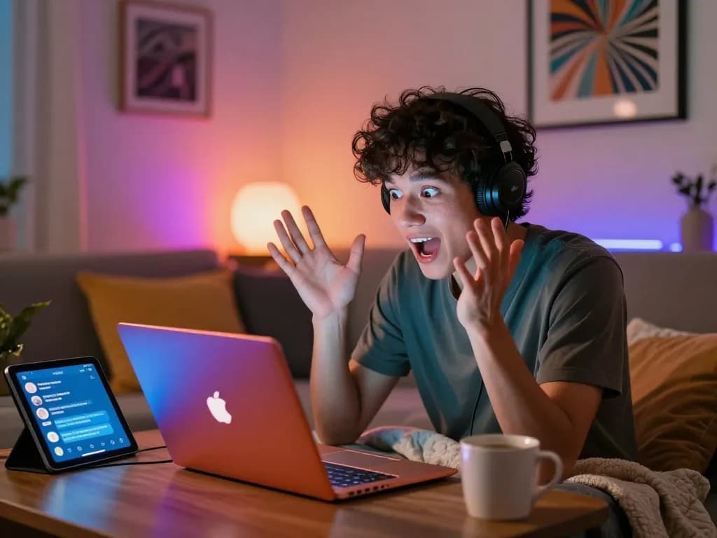 Engaging scene of a person enjoying nsfw ai chat on a vibrant laptop in a cozy room with soft lighting.