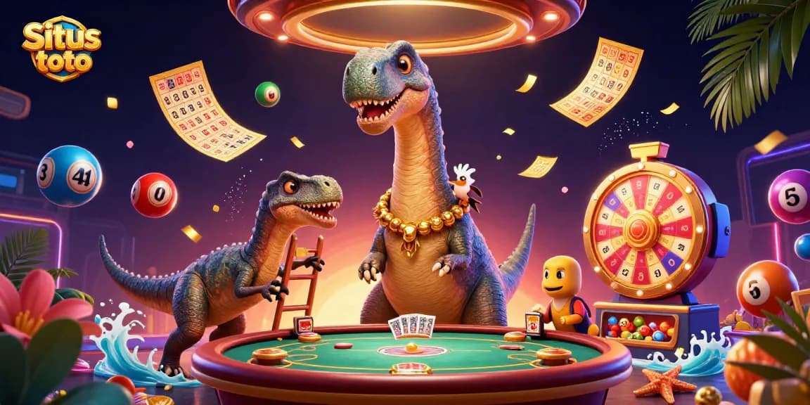 Situs toto offers thrilling lottery games amid festive casino characters and dynamic visuals.