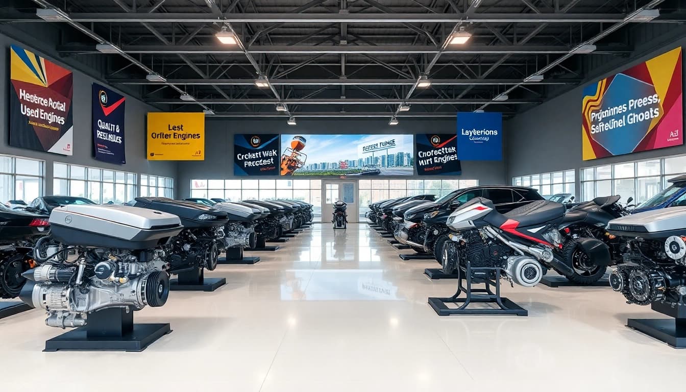 Showcase of used engines in a vibrant showroom environment.