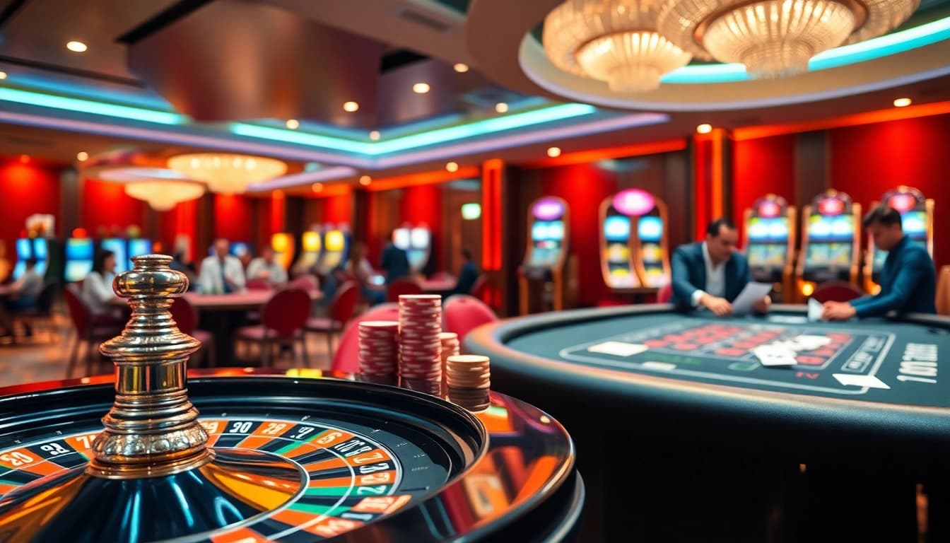 RR88 casino scene with players engaging at poker and roulette tables