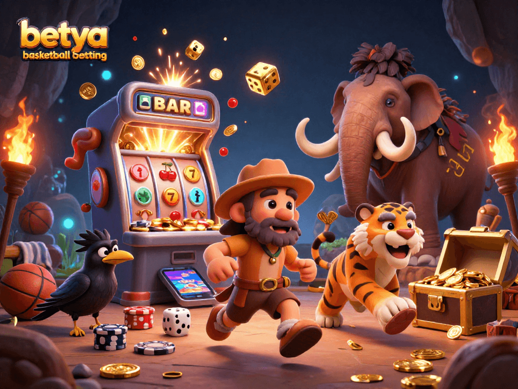 Experience betya basketball betting with lively illustration of caveman duo and vibrant casino elements.