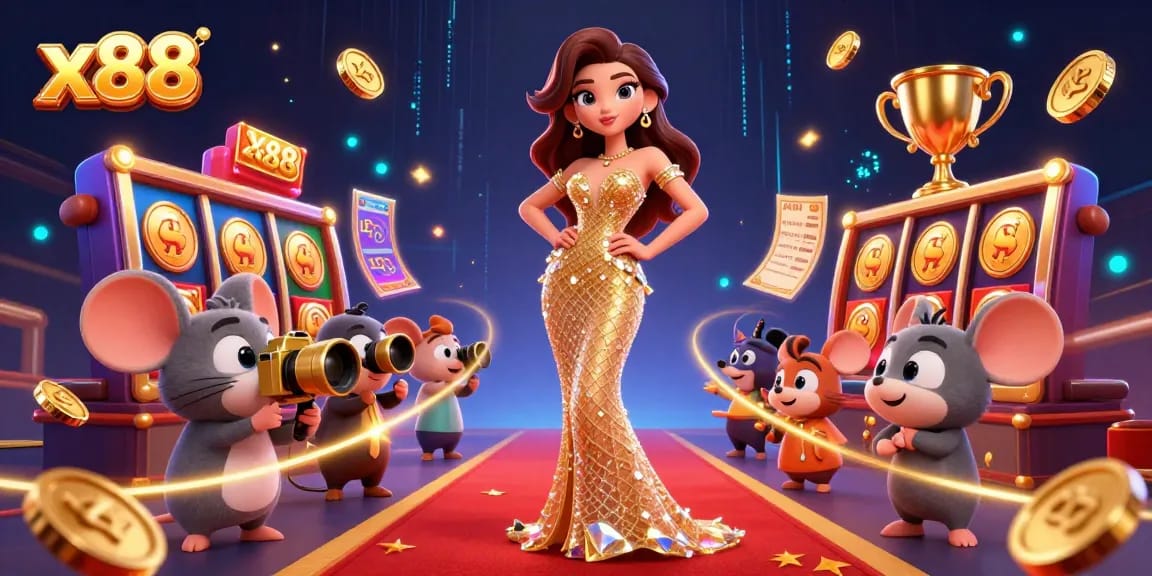 Spin the reels and win big at x88, with a dazzling casino scene showcasing slots and lucky symbols.