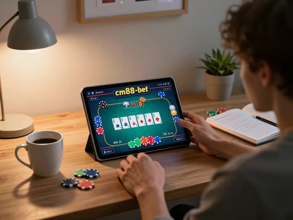 Player engaging in strategic online poker on cm88-bet with tablet, cozy home office setting.