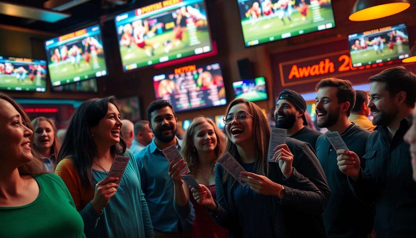 Enthusiastic group enjoying sportsbooks in South Carolina with energetic atmosphere.
