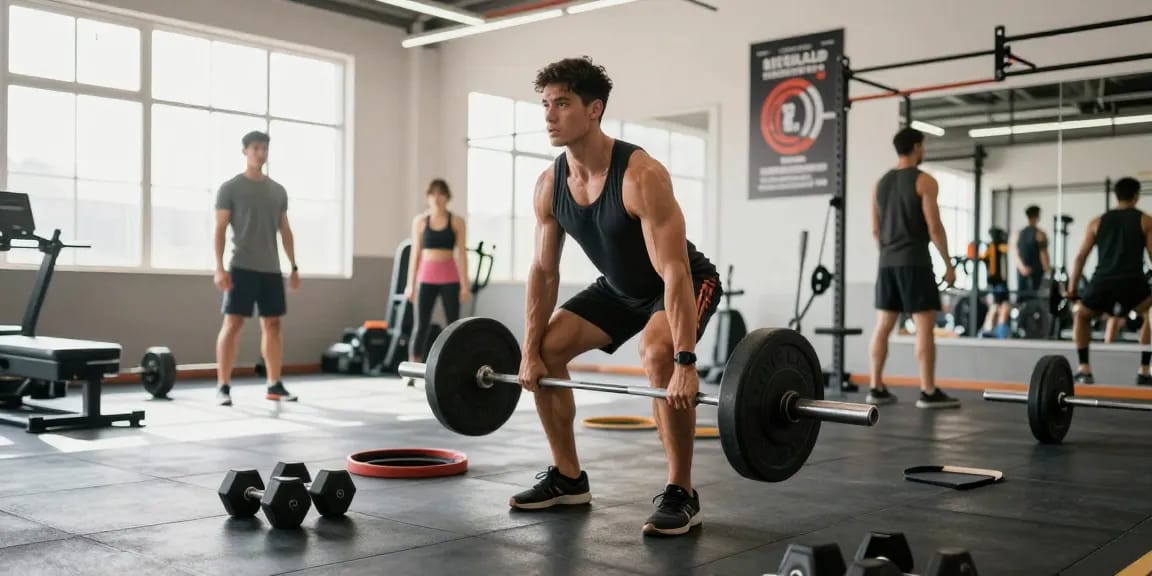Dedicated athlete lifting weights in a vibrant gym filled with Deus Medical Steroids products.