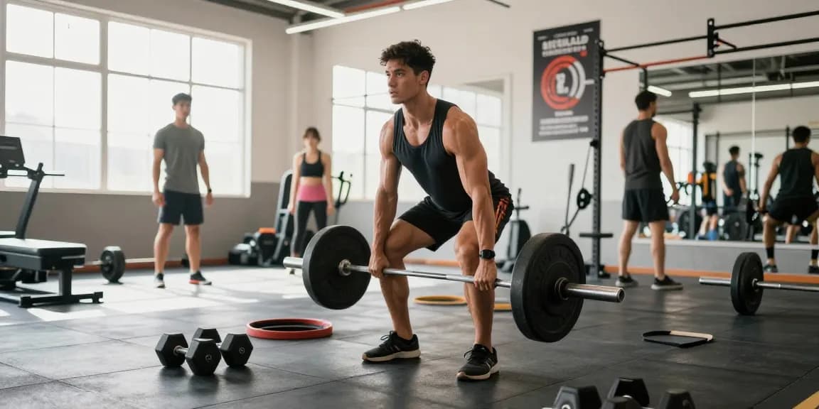 Dedicated athlete lifting weights in a vibrant gym filled with Deus Medical Steroids products.