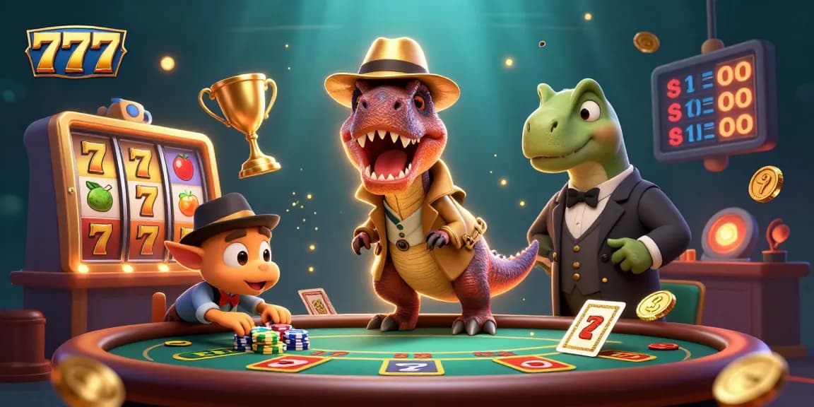 Experience the thrill of 777 slots with cartoon dinosaurs at a blackjack table in this vibrant casino scene.