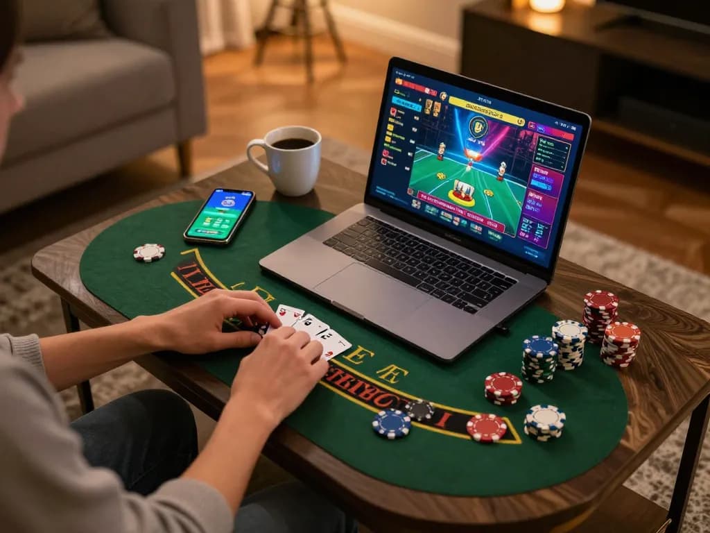 Experience thrilling blackjack with vip99win on a stylish home gaming setup, showcasing modern online casino gameplay.