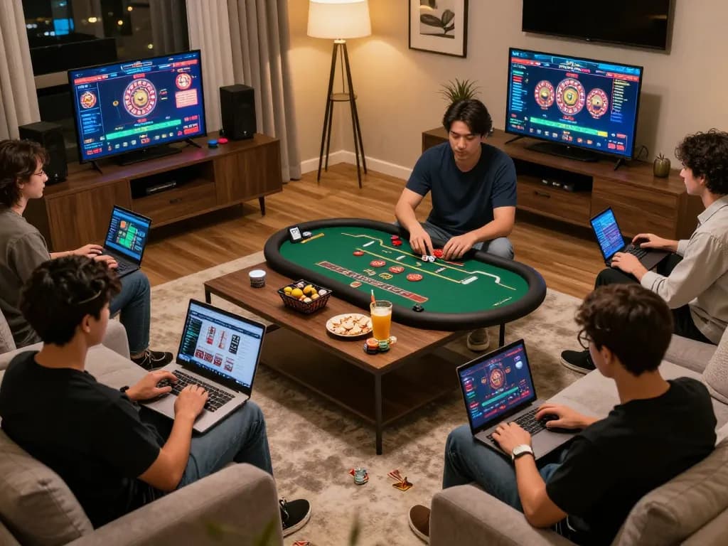 Players enjoying online games at zx88com in a cozy, upscale living room environment