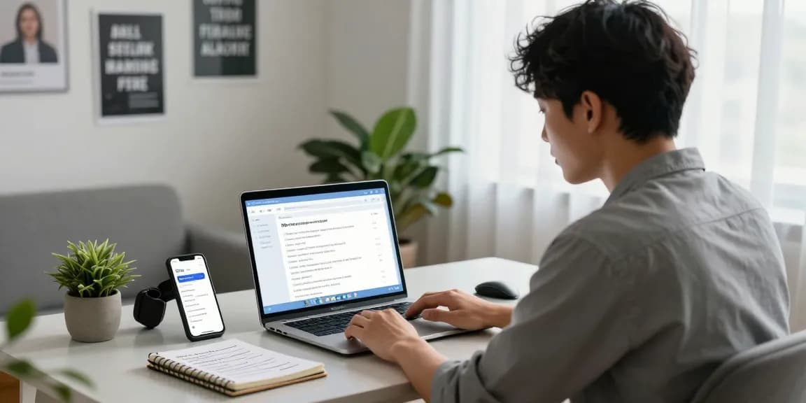 Job alerts management in a cozy home office setting, showcasing a professional engaged with job notifications.