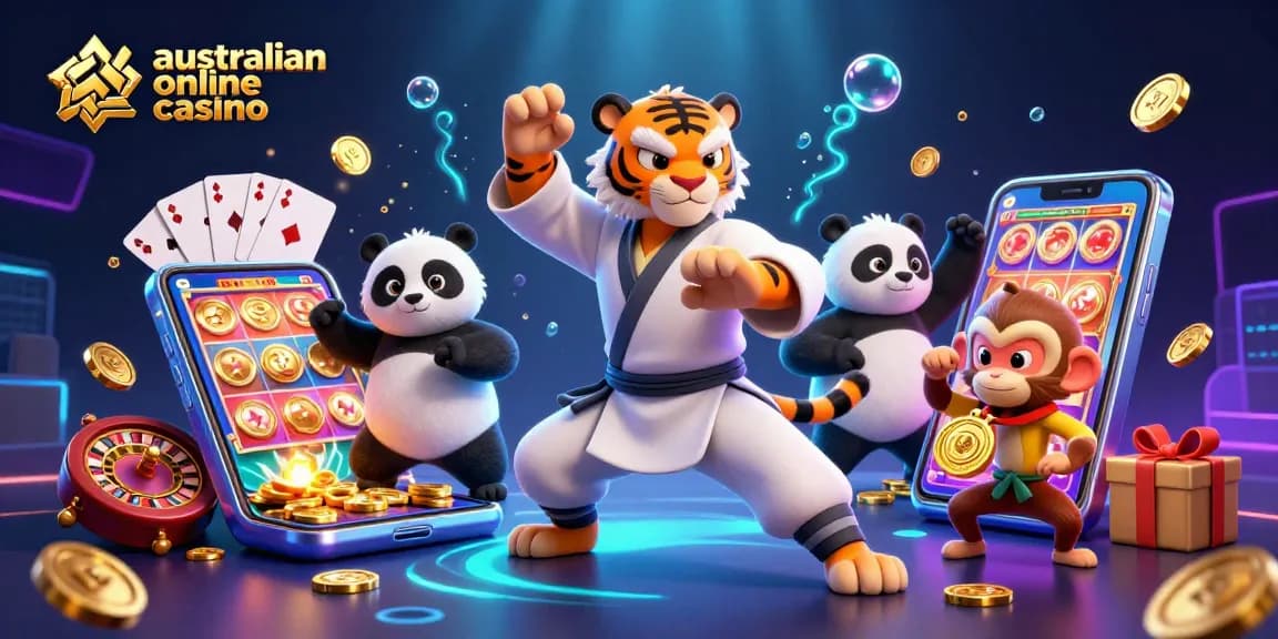 Experience the thrill of an australian online casino with a kung fu tiger and playful characters surrounded by vibrant gaming elements