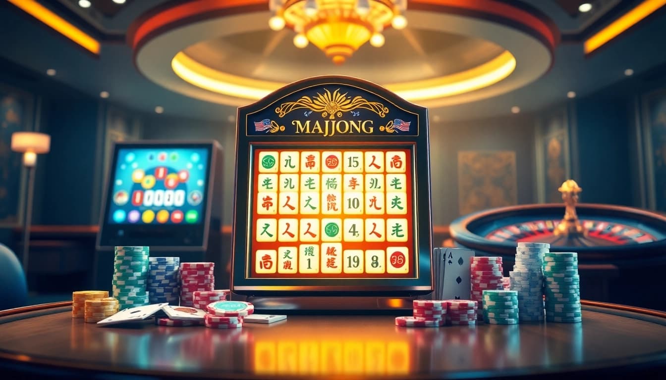 Engage with an exciting mahjong slot demo machine surrounded by vibrant casino elements.