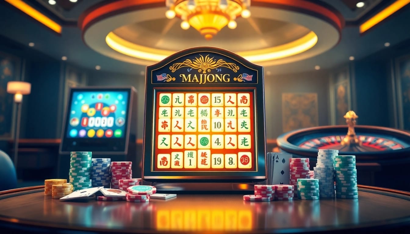 Engage with an exciting mahjong slot demo machine surrounded by vibrant casino elements.
