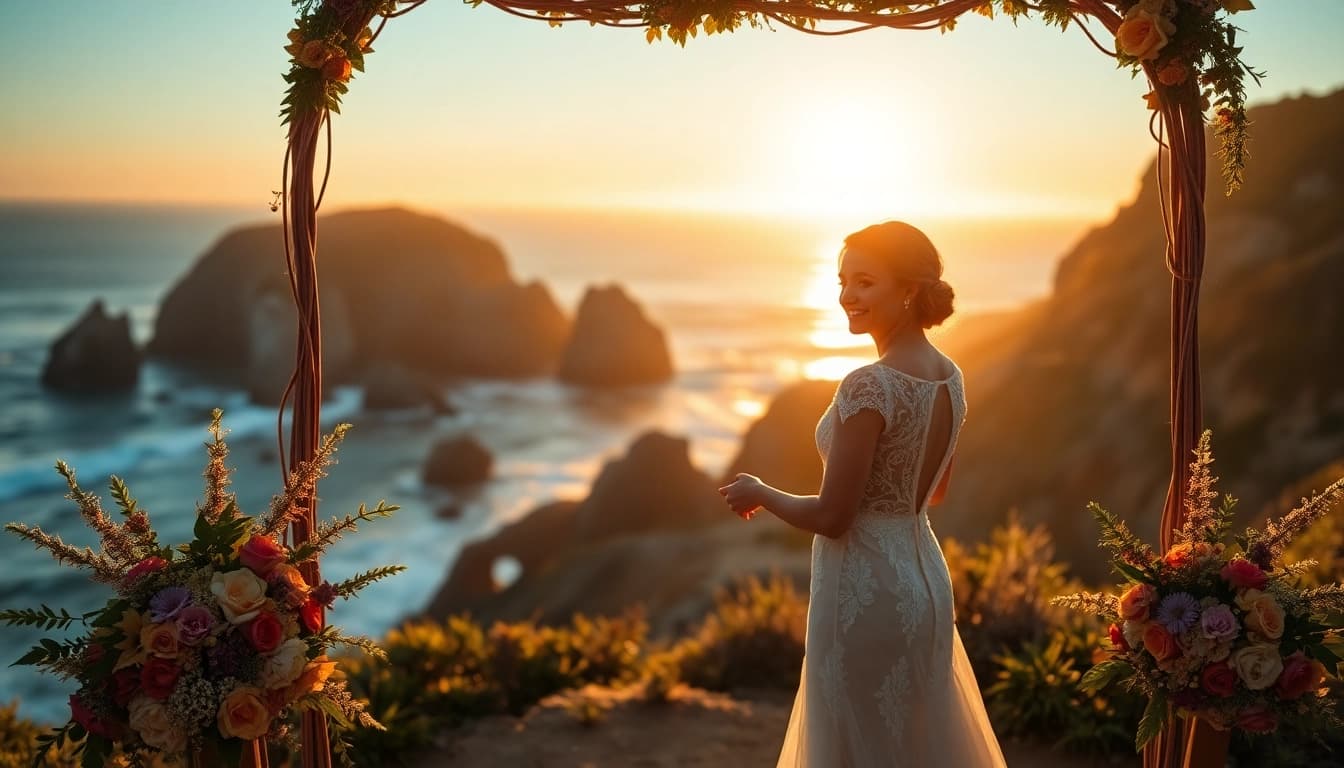 Capturing the essence of Big Sur wedding photography, a couple exchanges vows against stunning ocean cliffs.