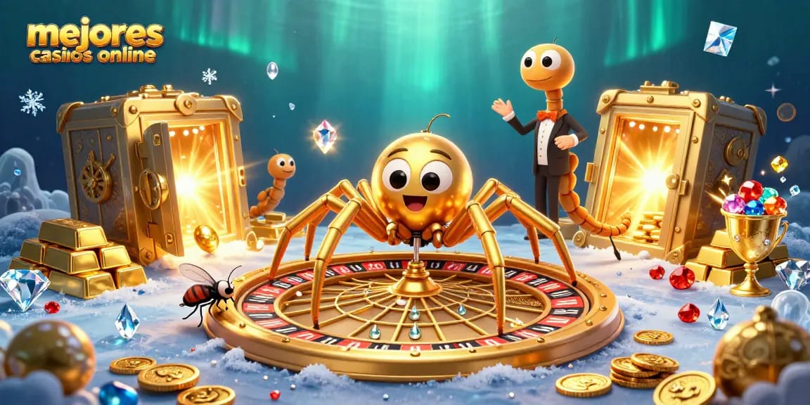 Los mejores casinos online presentan a una araña dorada y un croupier centípede en un entorno dinámico.
