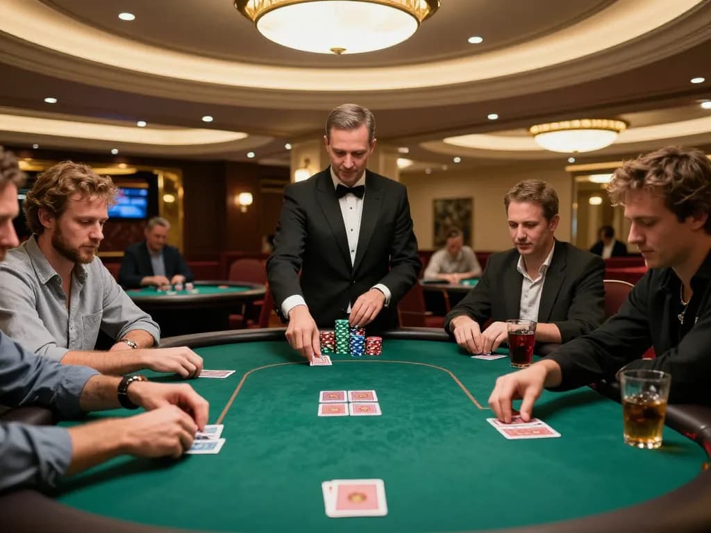 F168 poker players concentrate as dealer shuffles deck in luxurious casino setting.