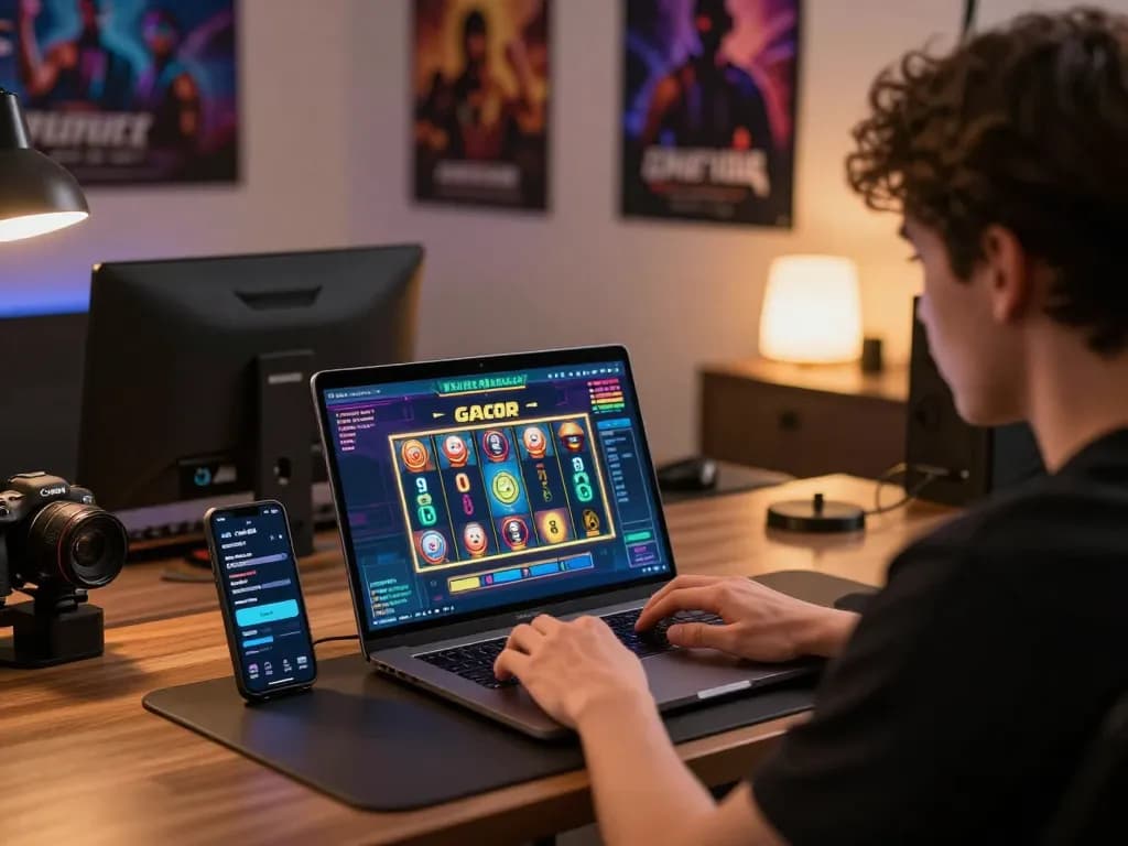 Pemain terlibat yang merencanakan strategi pada permainan slot gacor melalui pengaturan online dengan tablet dan catatan.