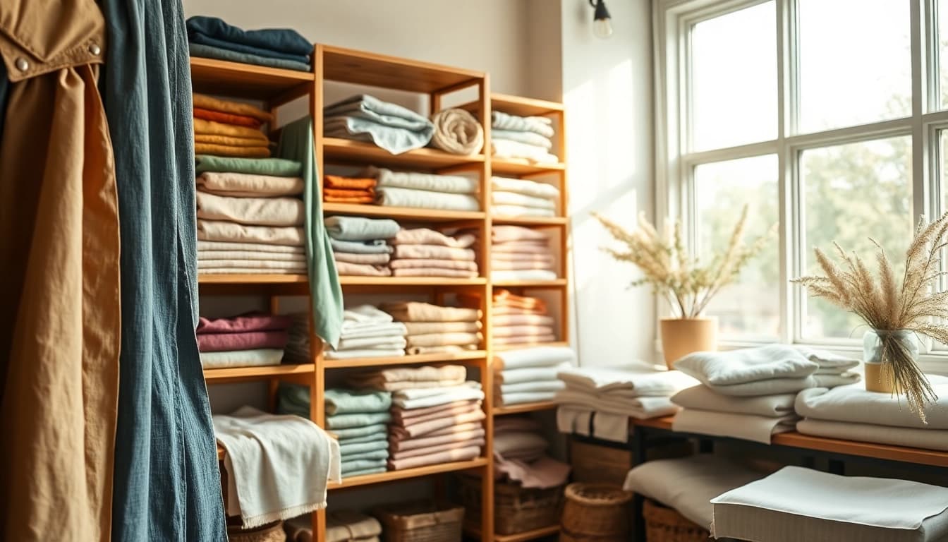 De veelzijdigheid van zuiver linnen in een stijlvolle textielwinkel met warme tinten.